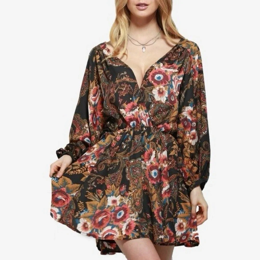 Free People High Plains Boho Ballon Sleeve Mini Dress in Paisley Print Size S